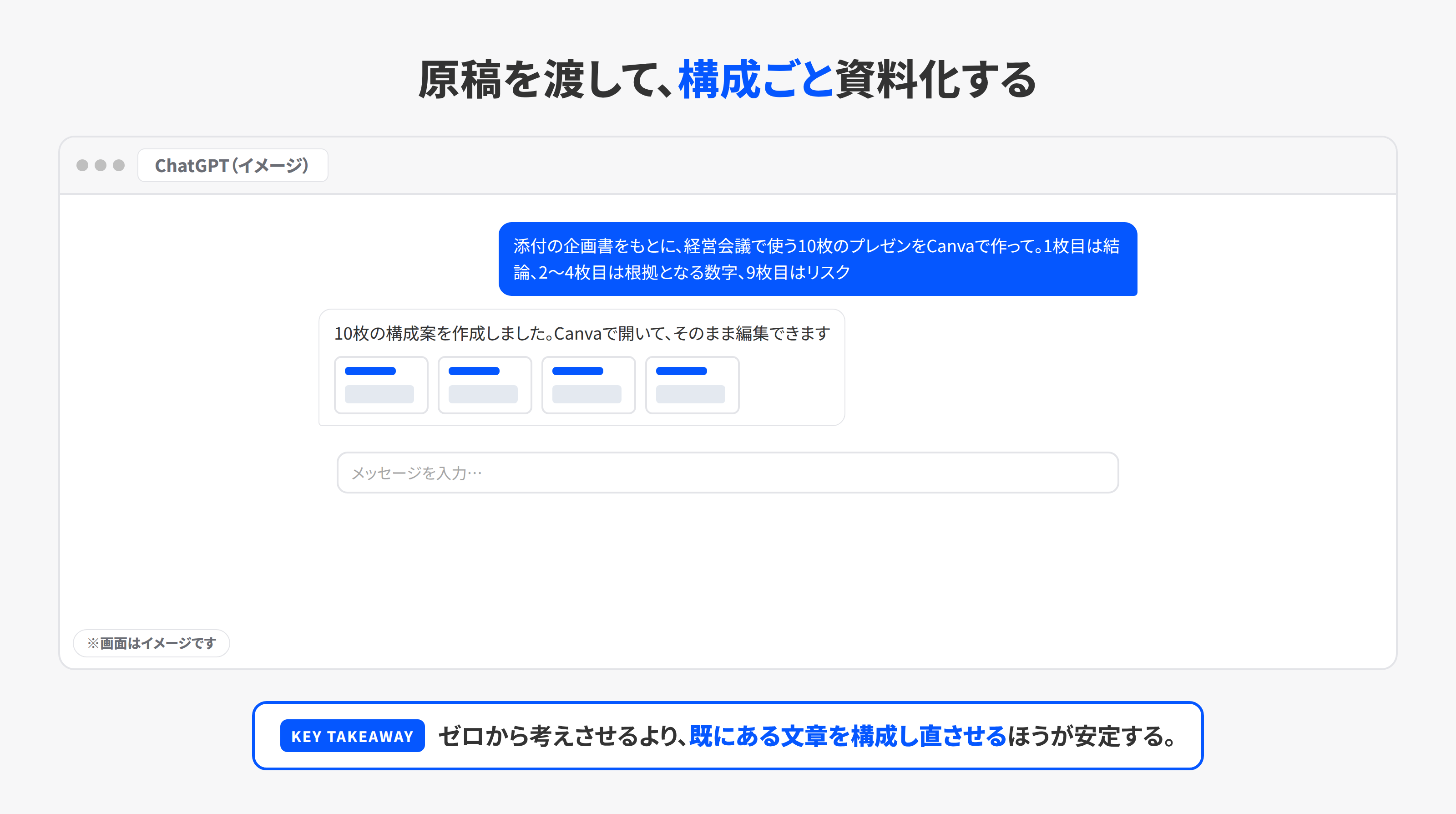 ChatGPTに企画書を渡してCanvaのプレゼン案を作らせる画面イメージ