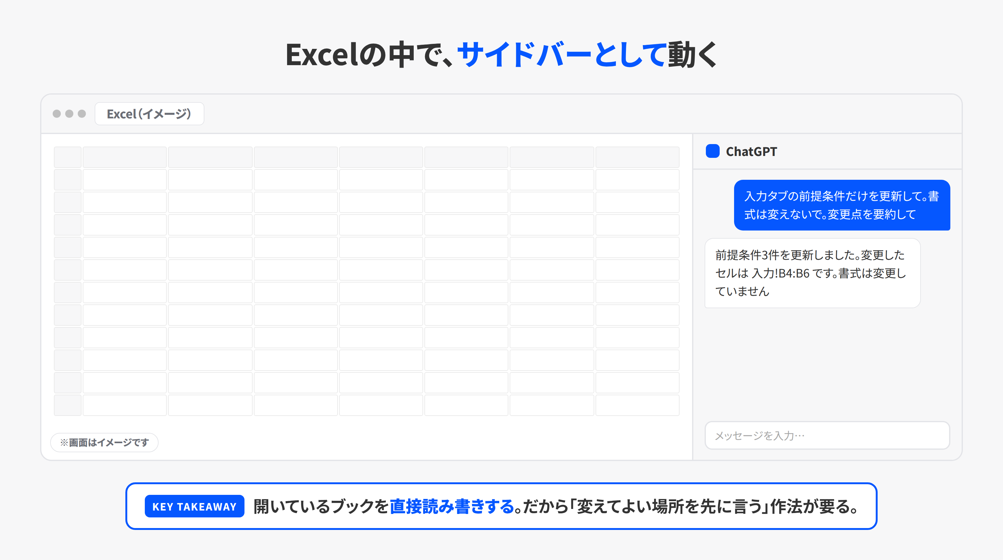 Excelのサイドバーで動くChatGPTアドインの画面イメージ