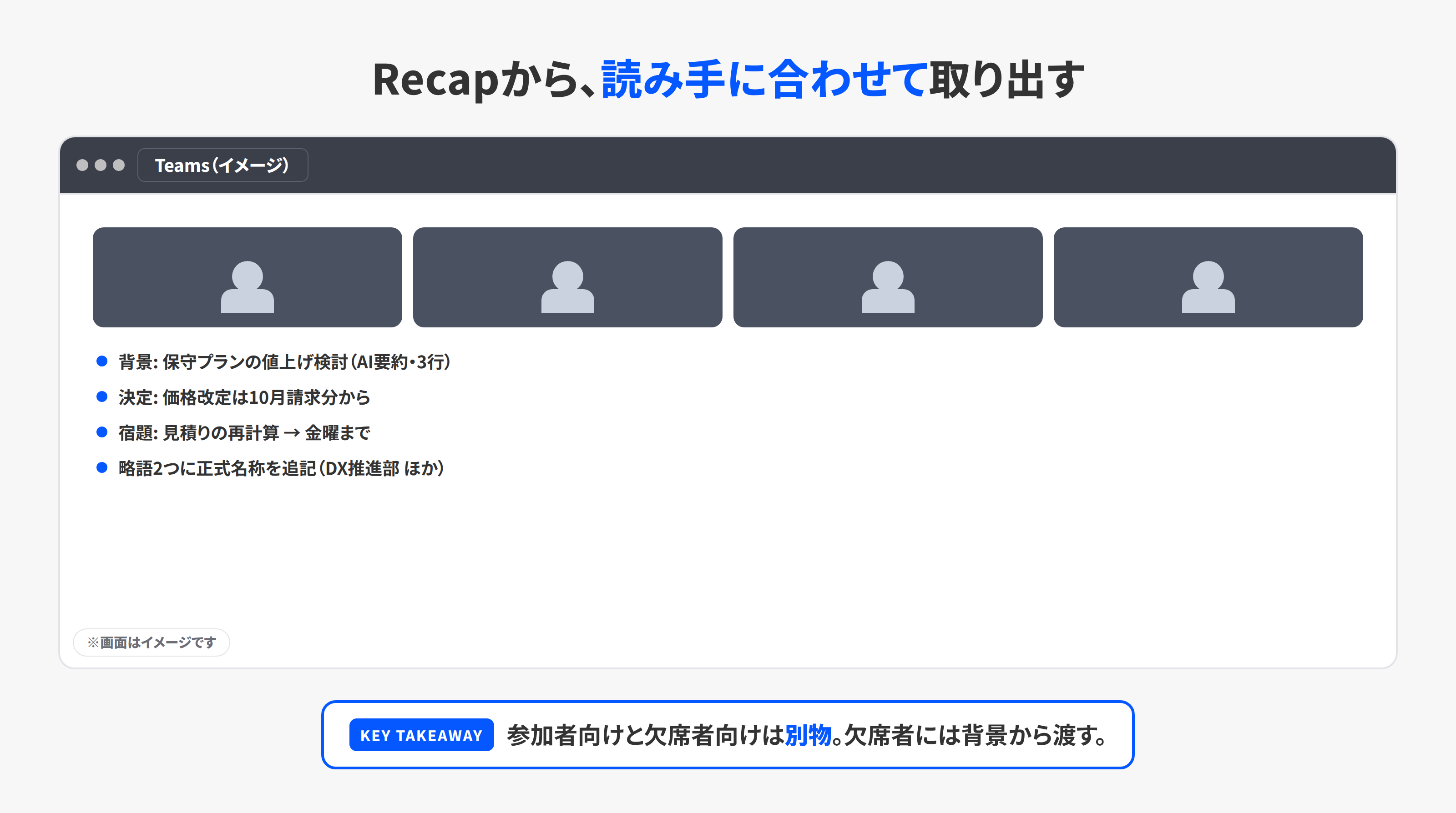 TeamsのRecapで欠席者向け要約を作る画面イメージ